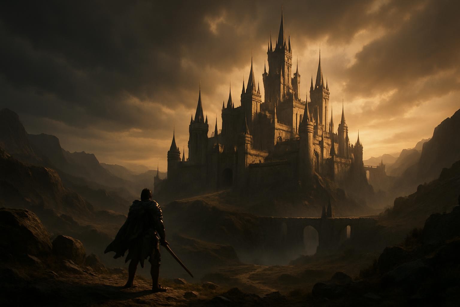 Lineage 2 High Five style fantasy landscape with epic castle, moody lighting, and grand adventure atmosphere, suitable for a hero cover background. No text, no logos, vivid and immersive.