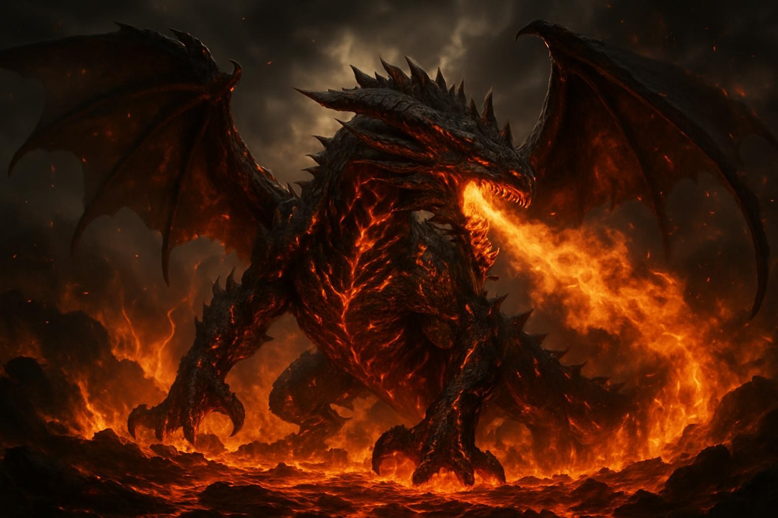 Valakas raidboss from Lineage 2, epic fantasy dragon with magma and fire in a dramatic battle setting